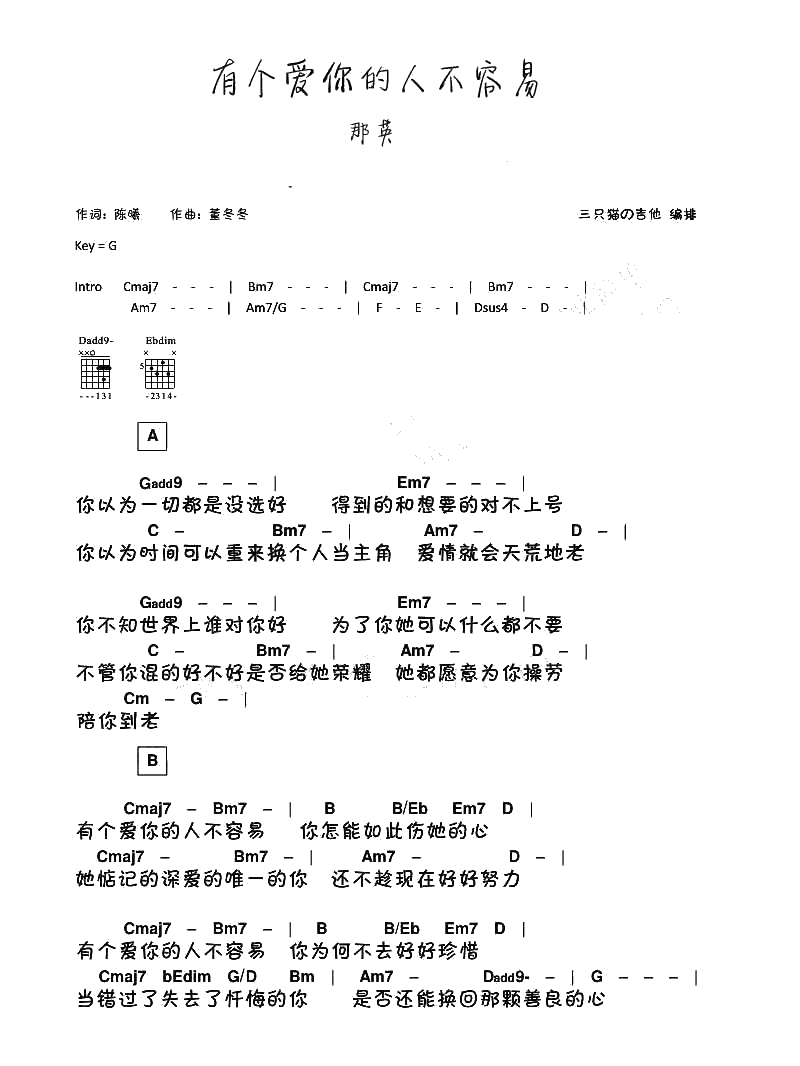 有个爱你的人不容易吉他谱-G调和弦谱-那英1