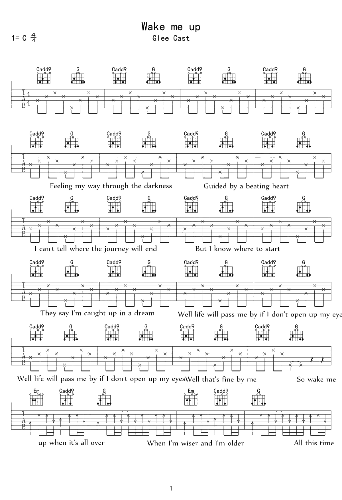 Wake me up吉他谱 C调弹唱谱 Glee Cast欢乐合唱团1