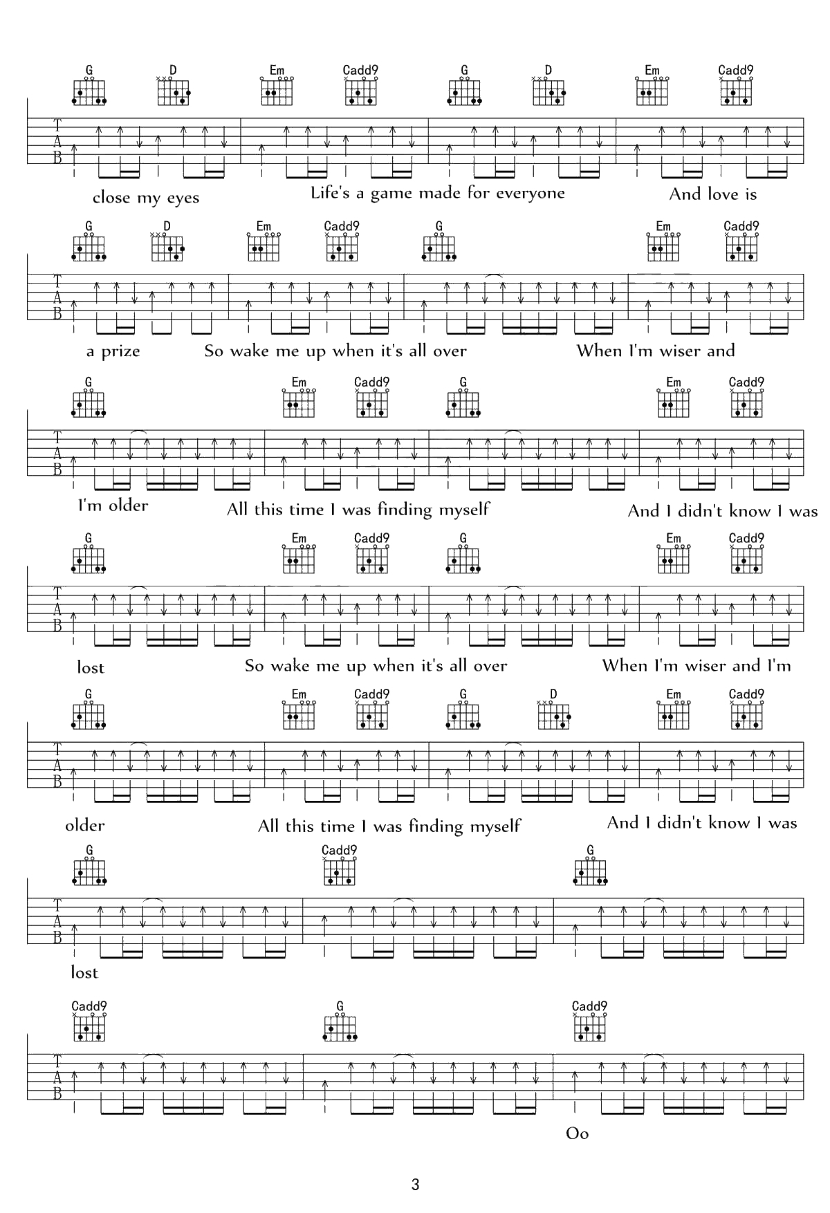 Wake me up吉他谱 C调弹唱谱 Glee Cast欢乐合唱团3