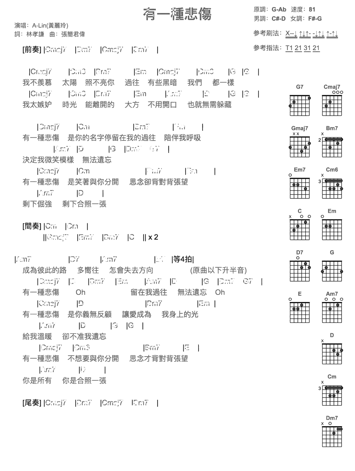 有一种悲伤吉他谱-黄丽玲-G调吉他弹唱谱-电影《比悲伤更悲伤的故事》主题曲1