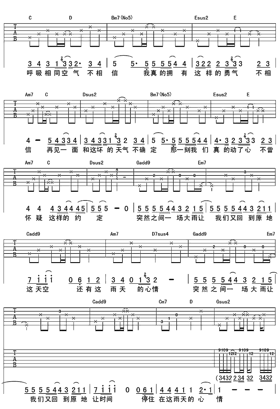 下雨吉他谱-G调指法-李宇春-吉他弹唱谱(图片)2