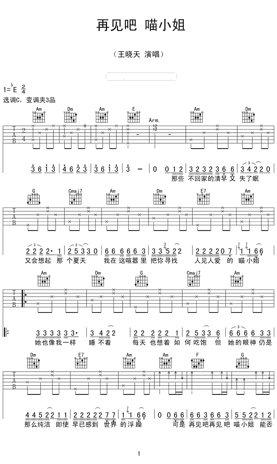 再见吧喵小姐吉他谱--王晓天1