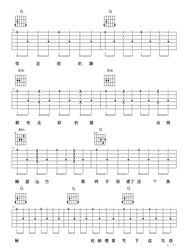 你走你的路吉他谱-汪峰-六线谱完整版5