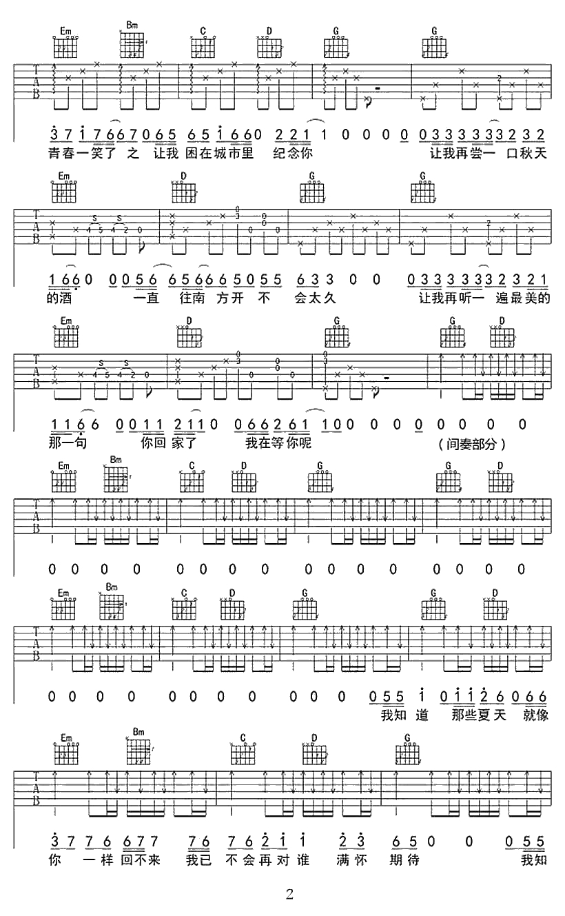 安和桥吉他谱 G调指法 宋冬野《安河桥》弹唱2