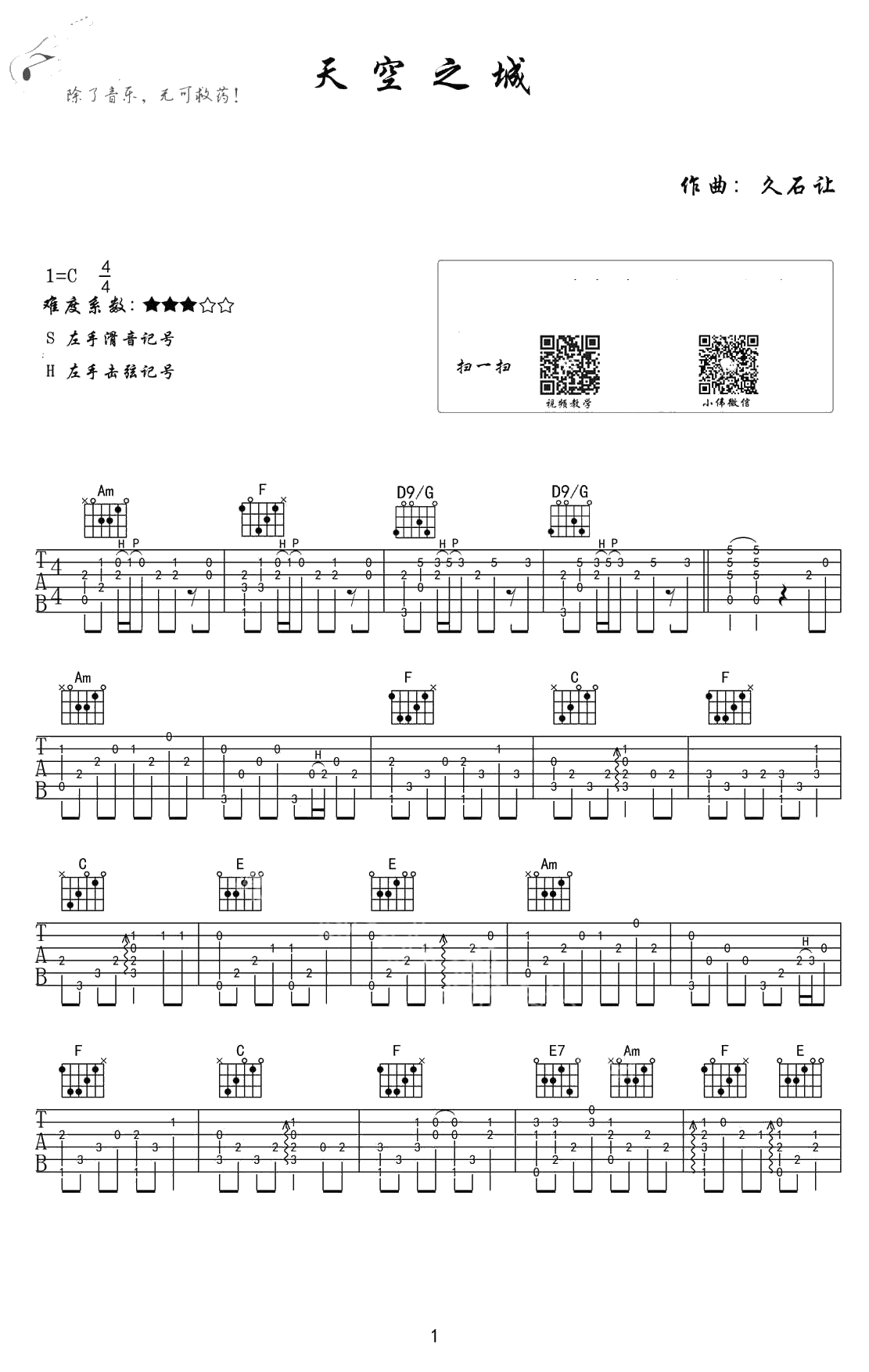 天空之城指弹谱-C调简单版-天空之城吉他谱1