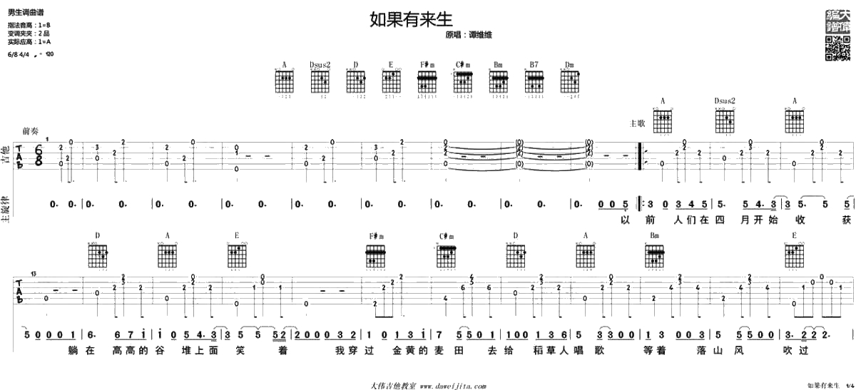 如果有来生吉他谱(男生版)-谭维维-吉他弹唱1