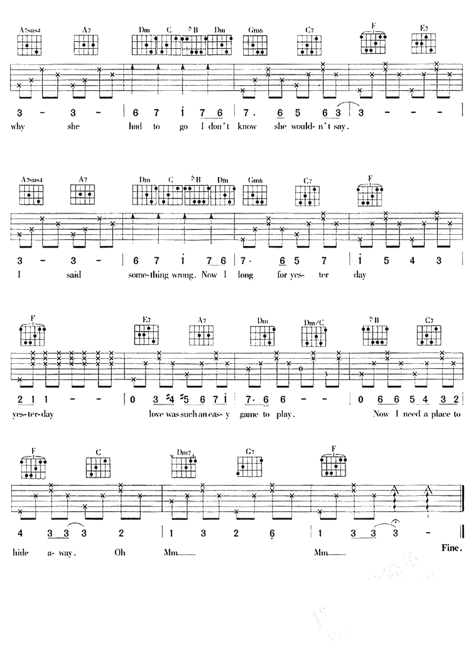 Yesterday吉他谱-The beatles披头士-弹唱六线谱2