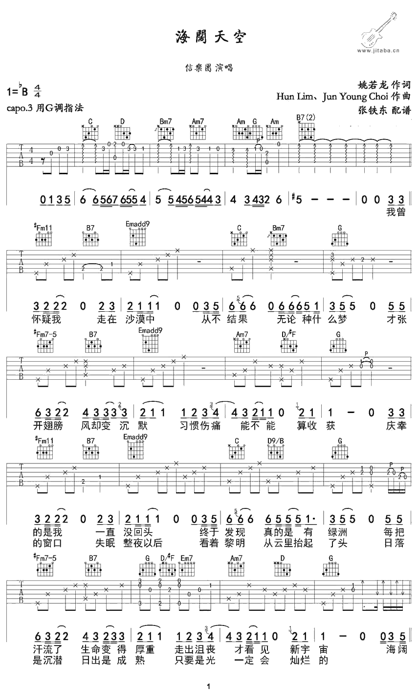 海阔天空吉他谱-G调指法-信乐团经典歌曲吉他谱1