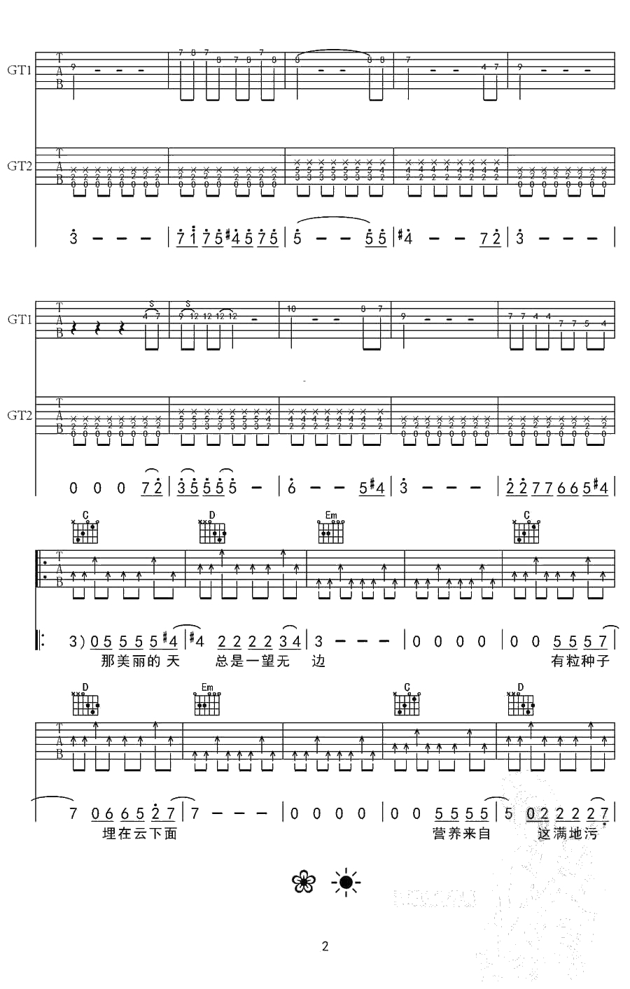 向阳花吉他谱C调-谢天笑-2