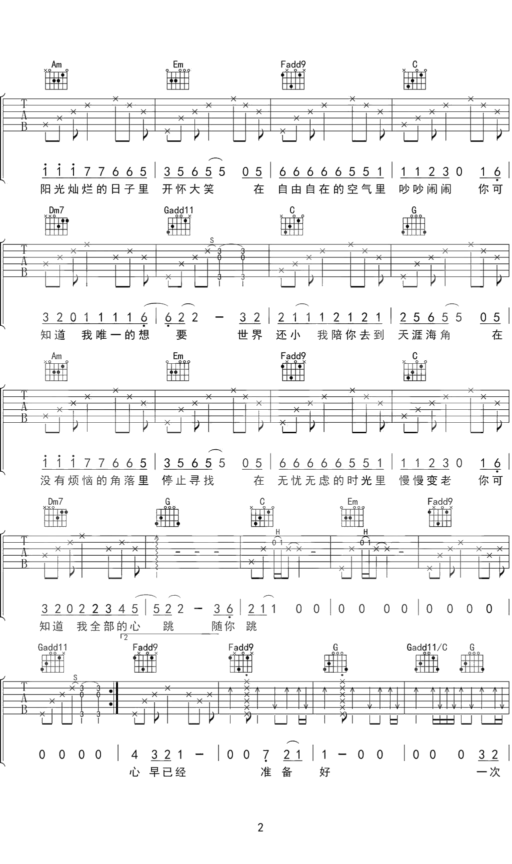 一次就好吉他谱-C调高清六线谱-沈腾2