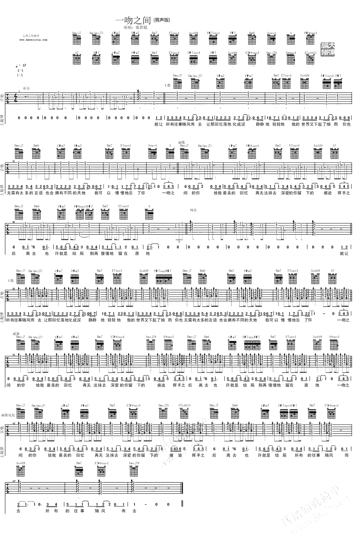 一吻之间吉他谱(男生版)-张碧晨-吉他弹唱1