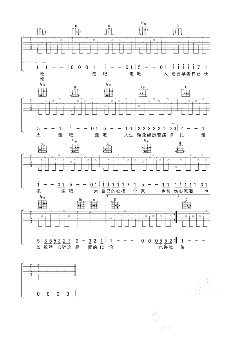 爱的代价吉他谱-D调指法六线谱-张艾嘉-六线谱()2