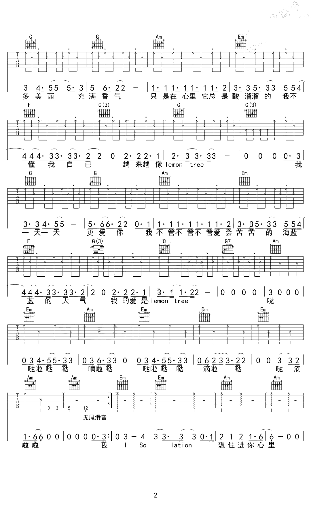 柠檬树吉他谱-C调指法六线谱-苏慧伦-Lemon Tree2