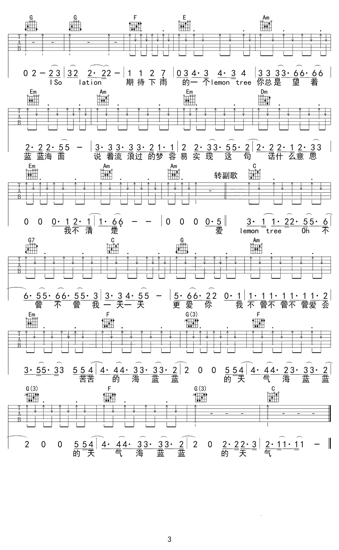 柠檬树吉他谱-C调指法六线谱-苏慧伦-Lemon Tree3