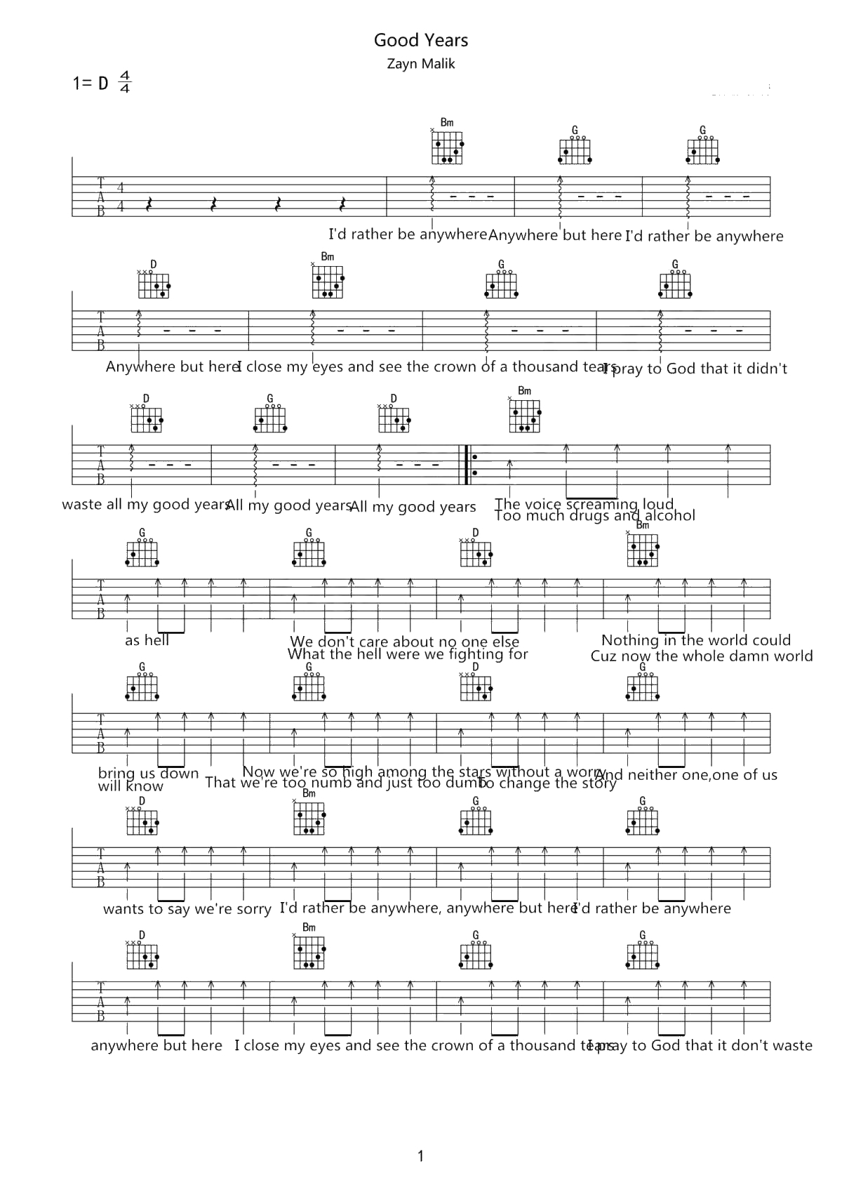 Good Years吉他谱-Zayn Malik-弹唱六线谱1