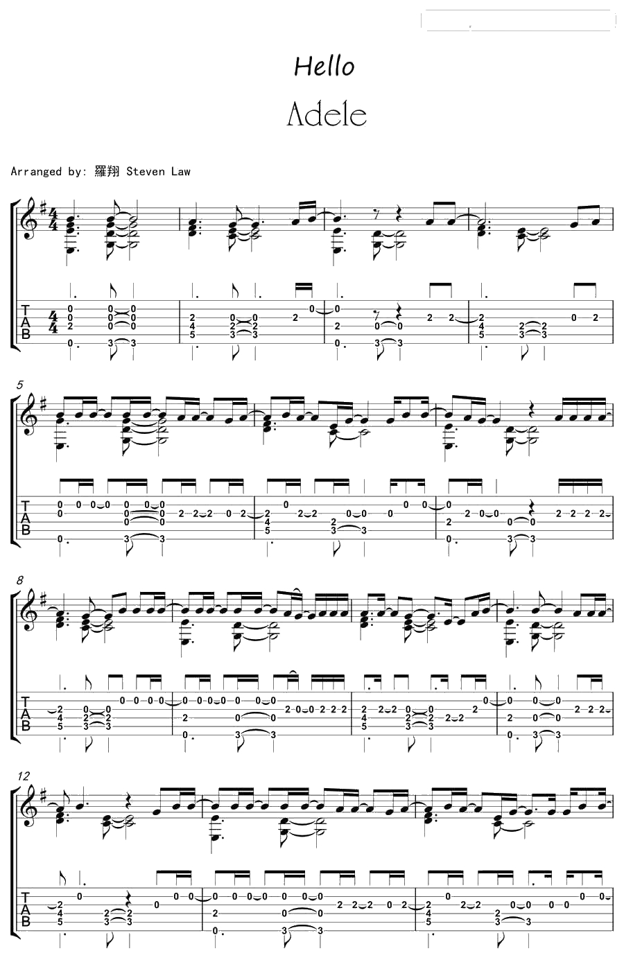Hello吉他谱-阿黛尔Adele-Hello指弹吉他谱1