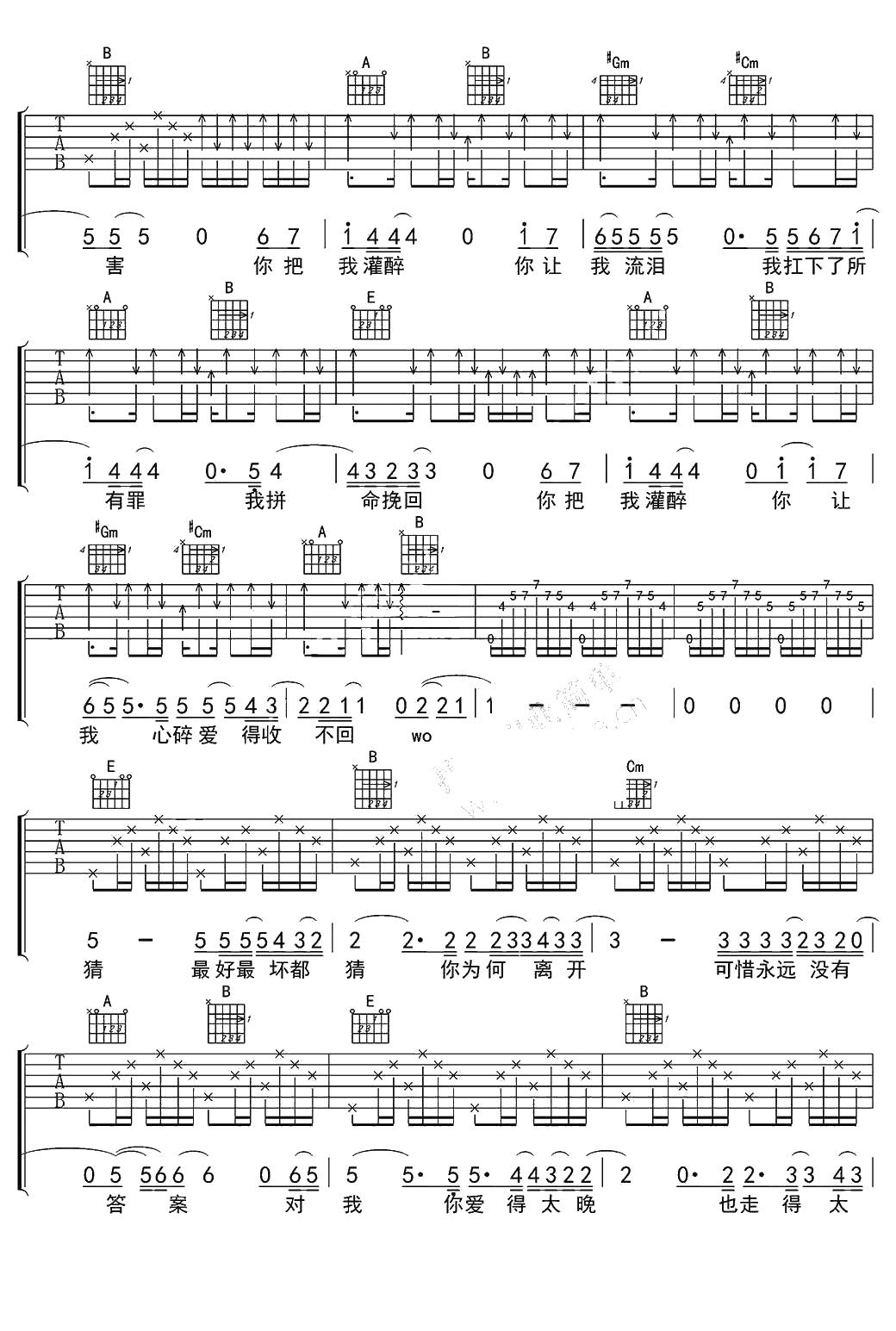 你把我灌醉吉他谱-黄大炜-高清六线谱完整版2