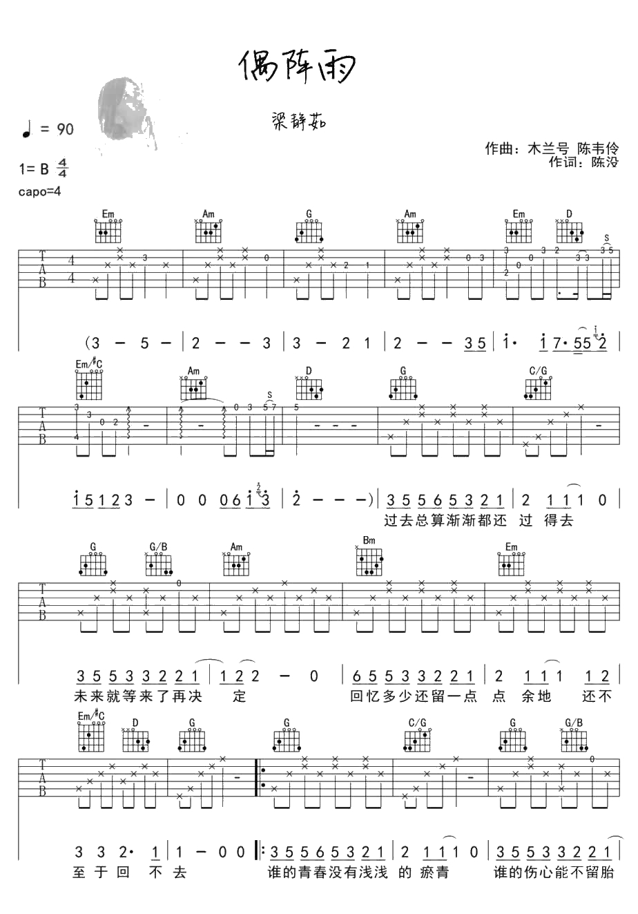 偶阵雨吉他谱-梁静茹《偶阵雨》六线谱1