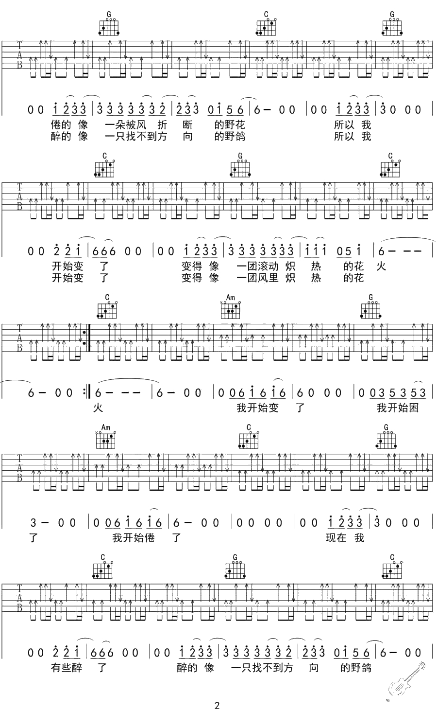 花火吉他谱-汪峰《花火》弹唱六线谱()2