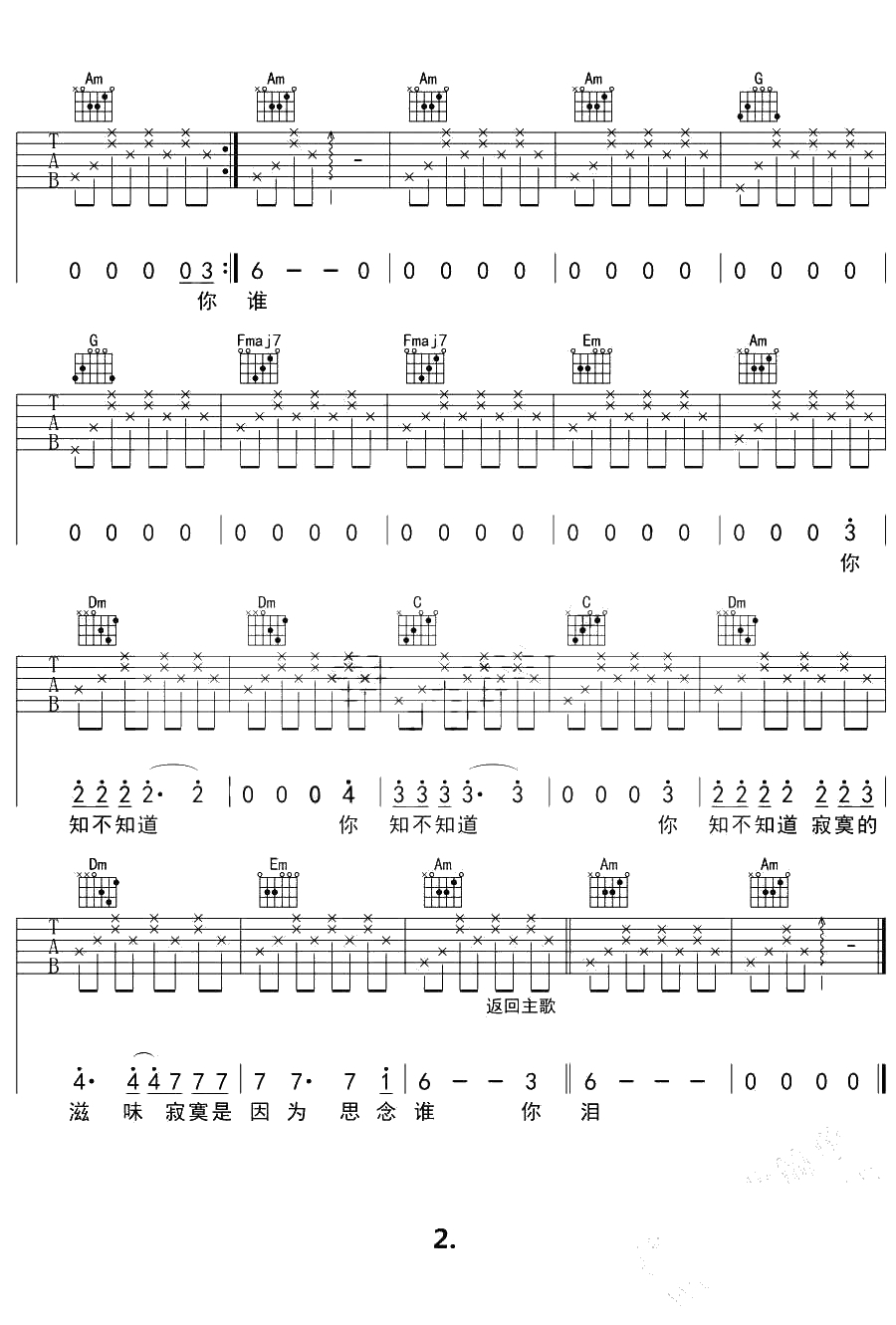 寂寞是因为思念谁吉他谱-简单版六线谱-张磊2