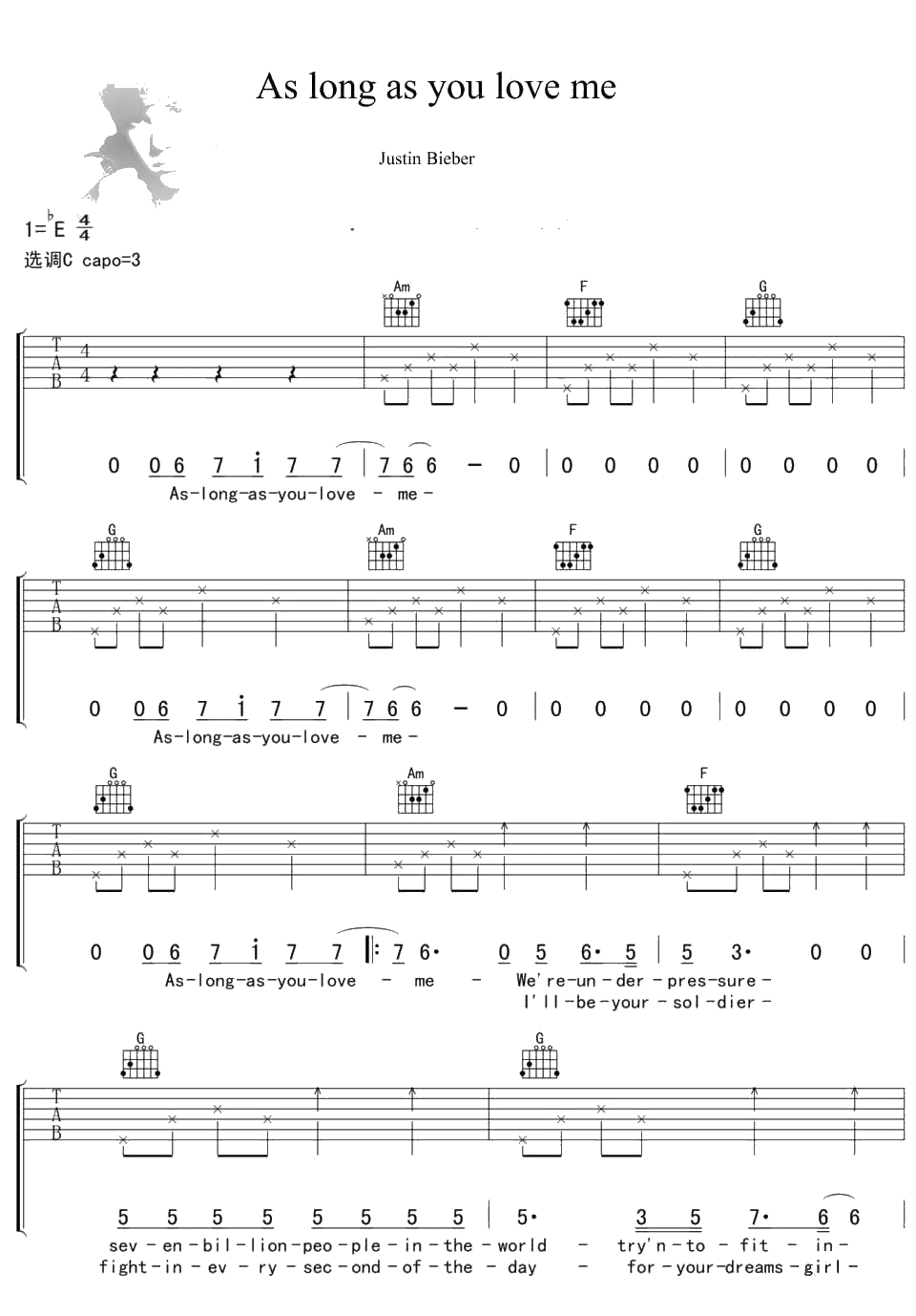 As long as you love me吉他谱-Justin Bieber-六线谱1