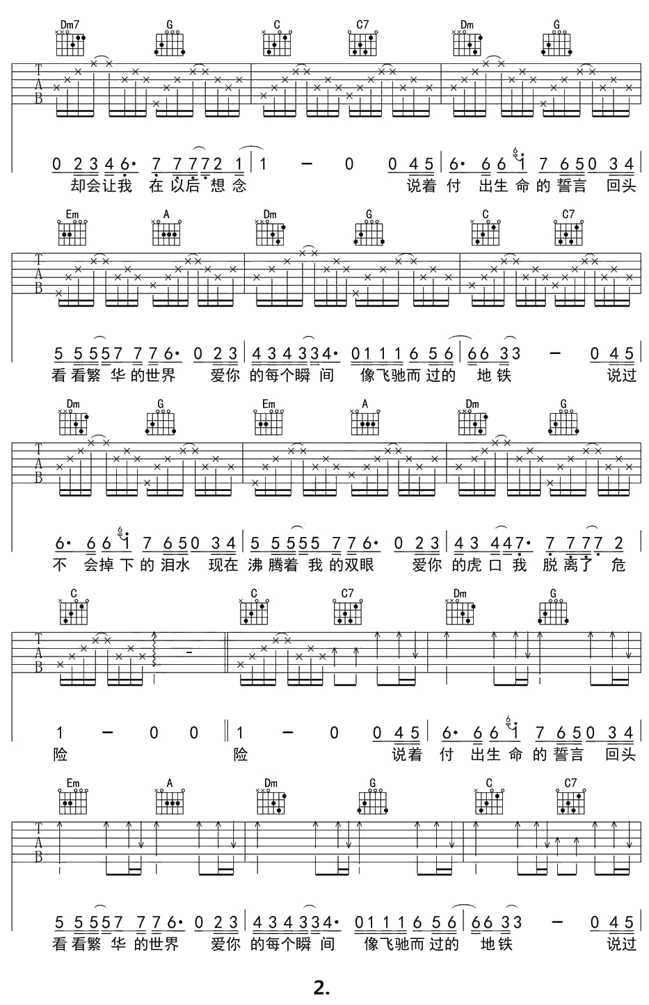 虎口脱险吉他谱C调简单版-张磊-中国好声音歌曲2