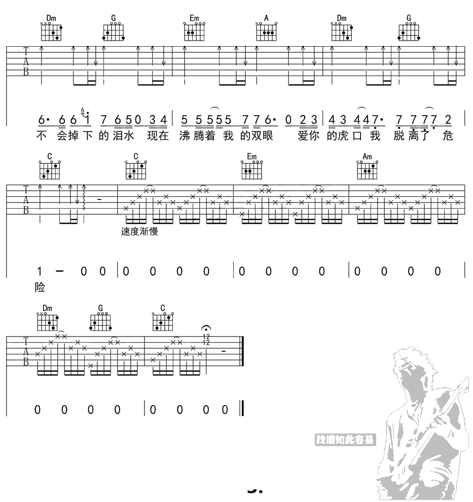 虎口脱险吉他谱C调简单版-张磊-中国好声音歌曲3