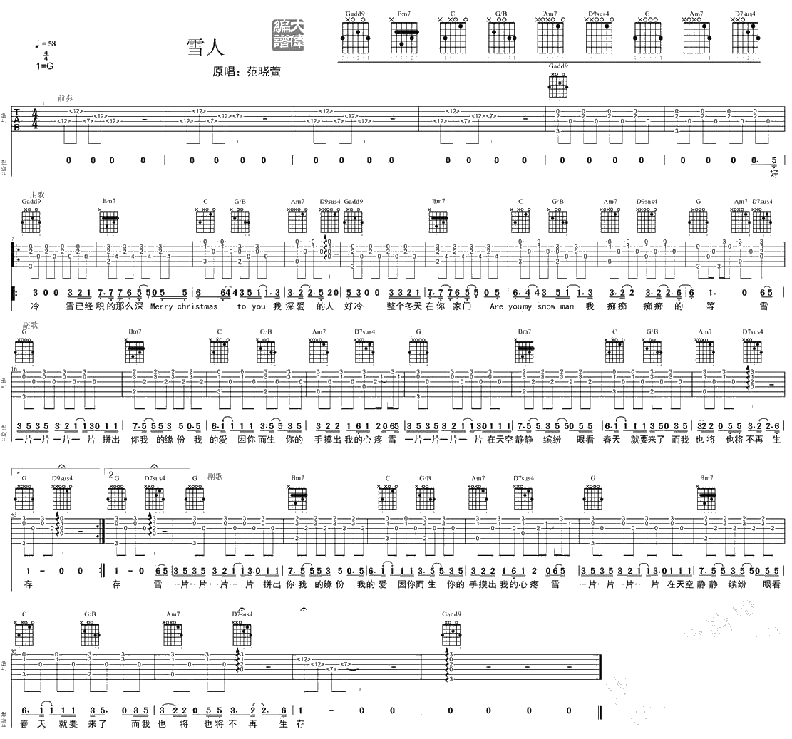 雪人吉他谱男生版-范晓萱-雪人G调吉他谱1