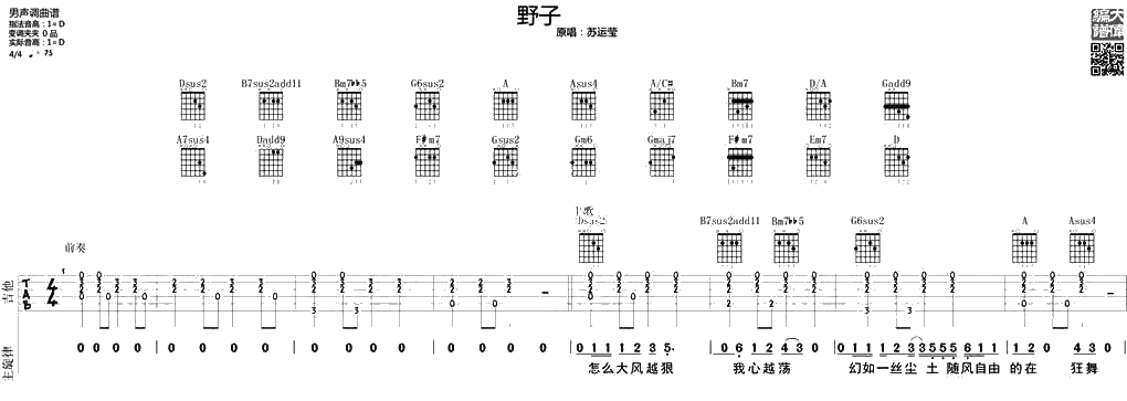 野子吉他谱男生版-蒙面歌王流浪者沙宝亮-野子六线谱1