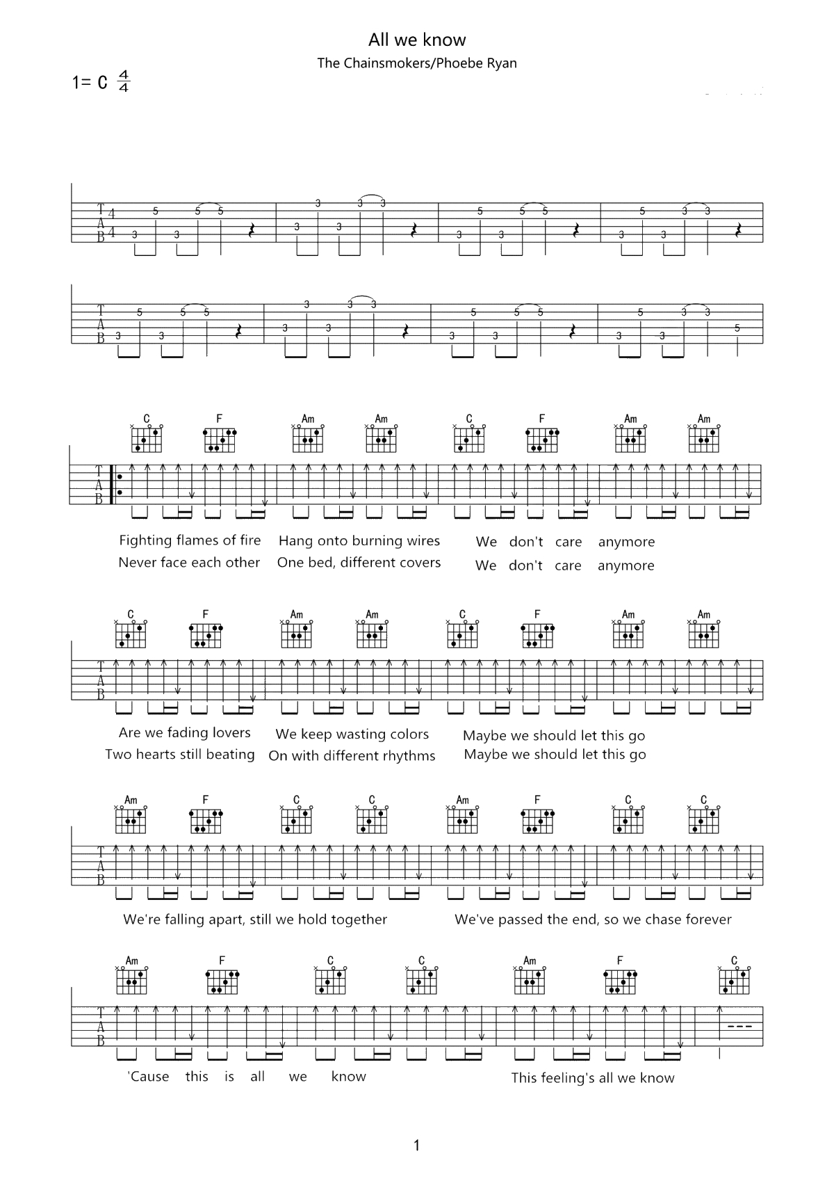 All we know吉他谱 C调弹唱谱 The Chainsmokers/Phoebe Ryan1