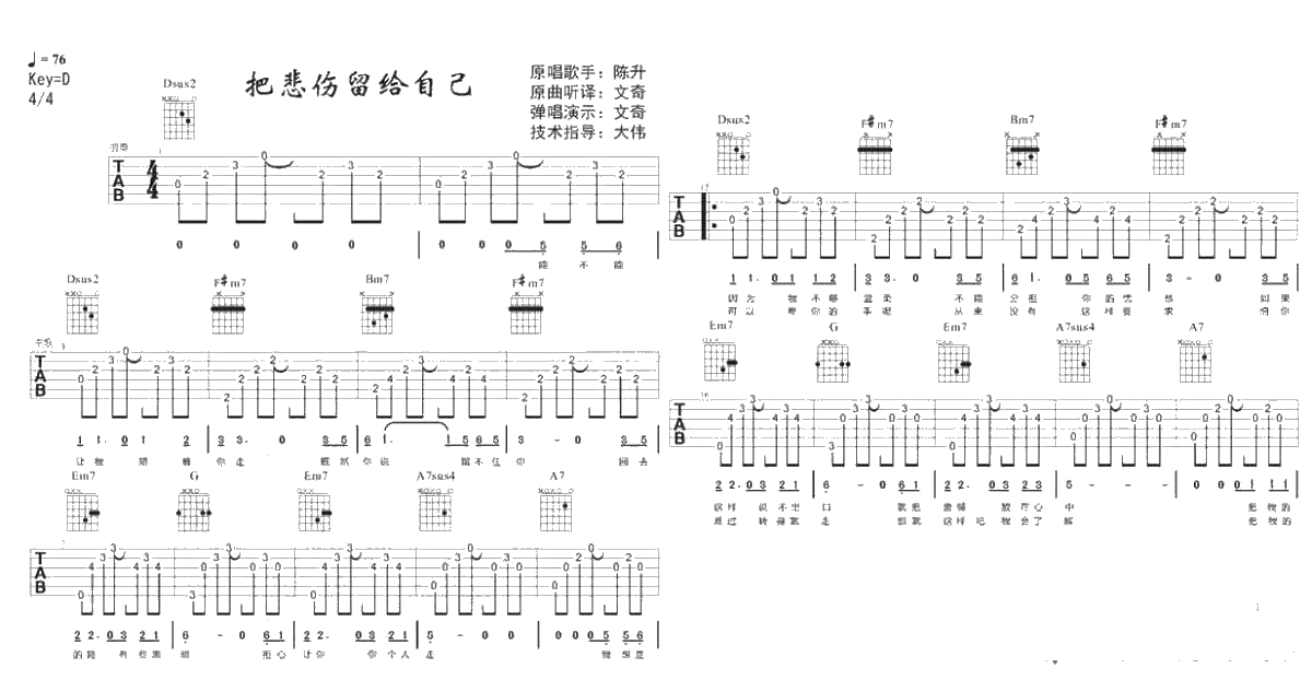 把悲伤留给自己吉他谱-陈升-完整版1