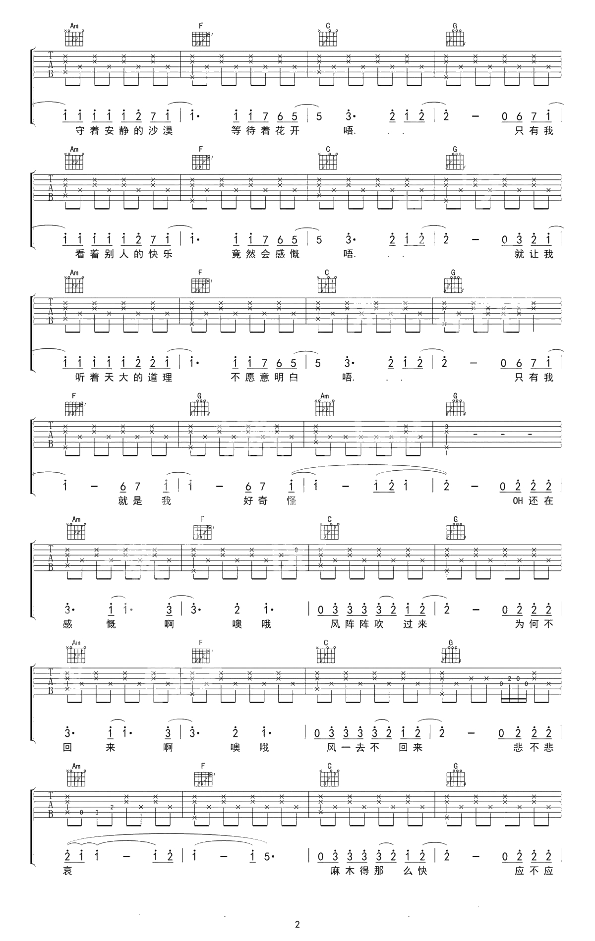 烟火里的尘埃吉他谱-C调女生版-郁欢-高清六线谱2