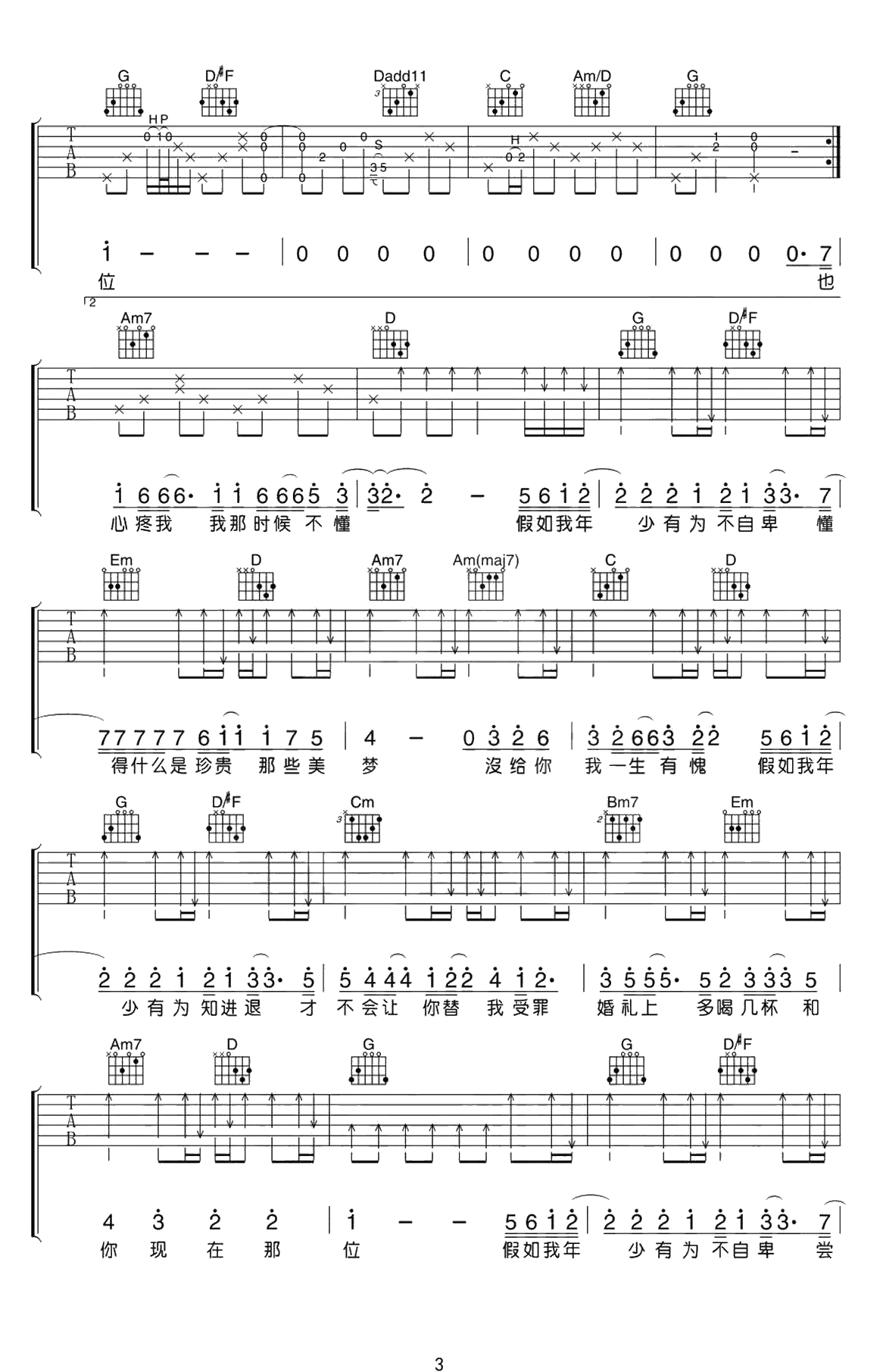 年少有为吉他谱 G调六线谱 李荣浩3