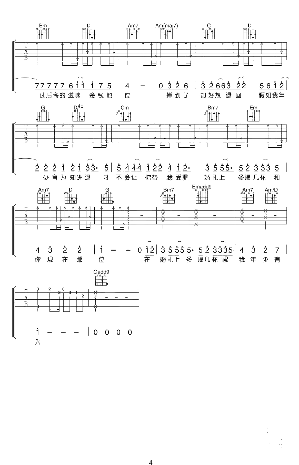 年少有为吉他谱 G调六线谱 李荣浩4