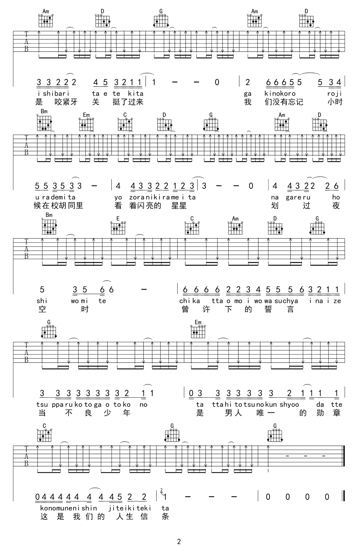 男人的勋章吉他谱 日剧《我是大哥大》主题曲 音译歌词2