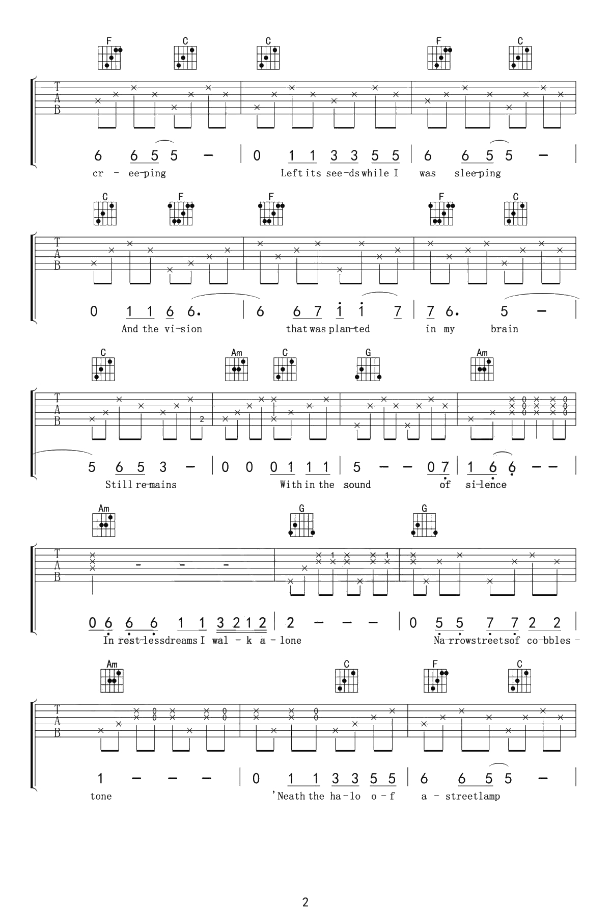 The Sound of Silence吉他谱 寂静之声六线谱2