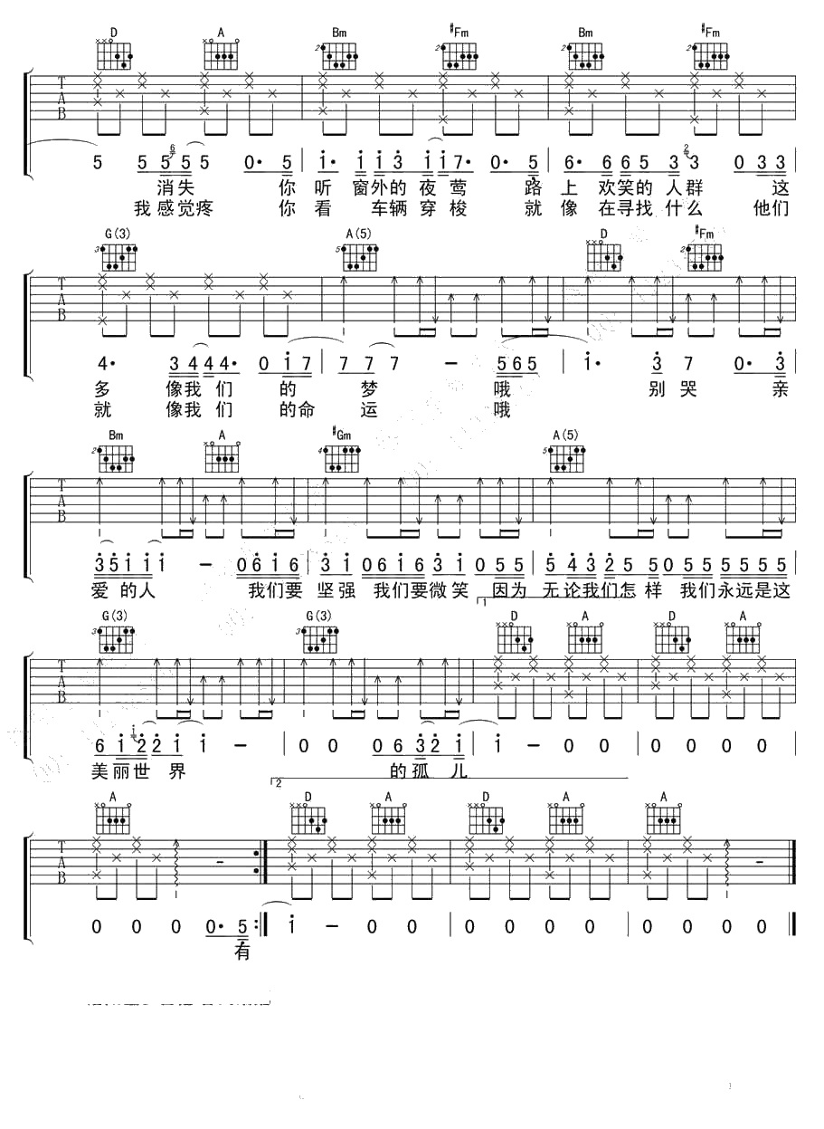 美丽世界的孤儿吉他谱 汪峰 吉他弹唱2