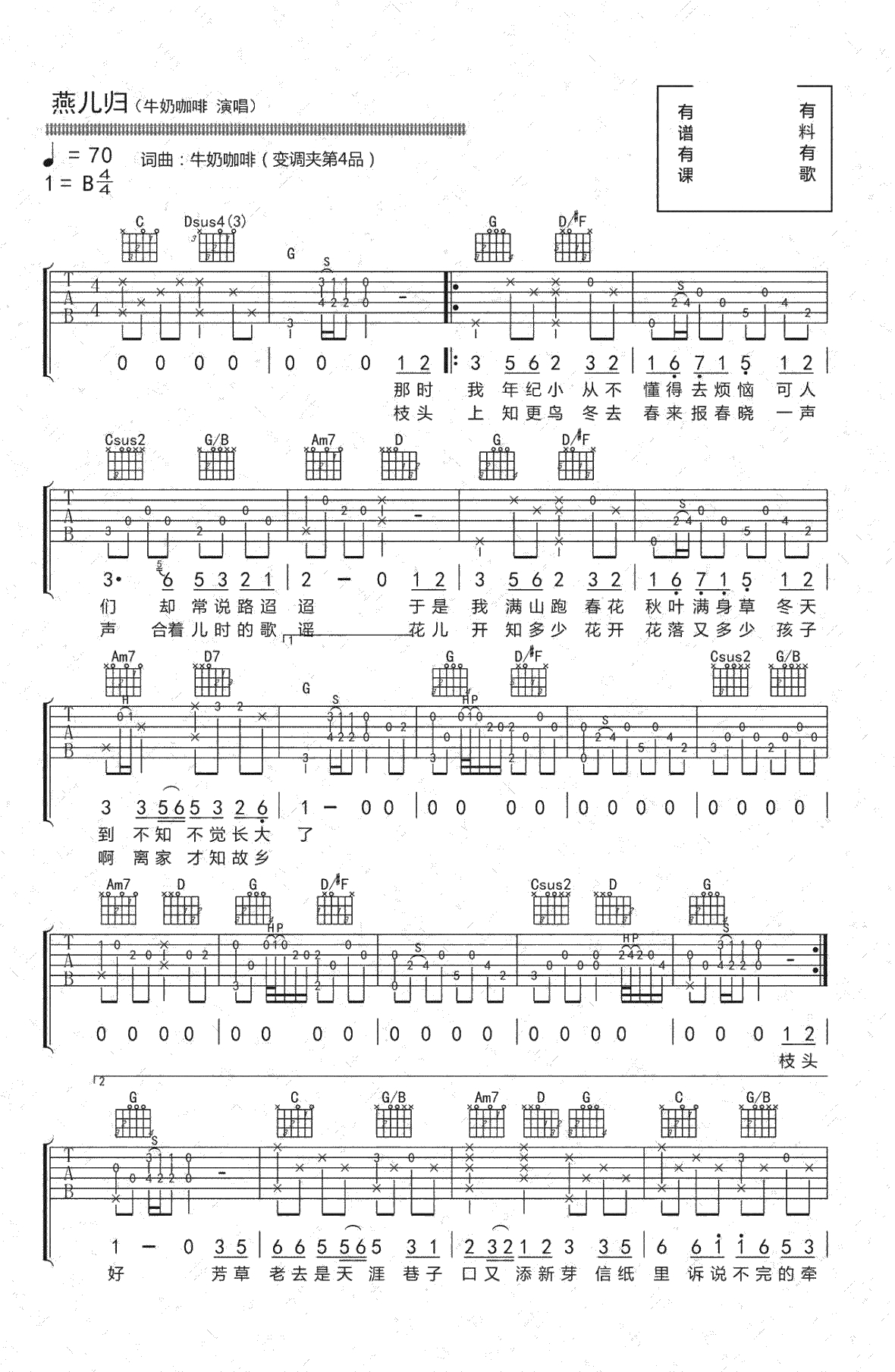 燕儿归吉他谱 牛奶咖啡 弹唱六线谱 1