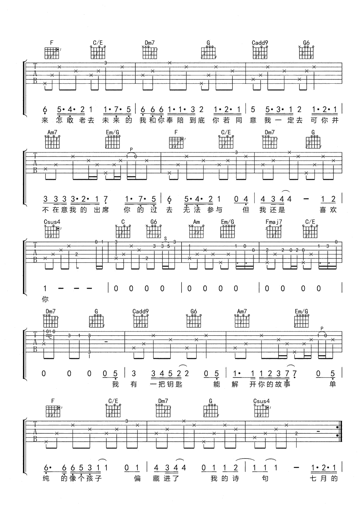 遥远的你吉他谱 C调原版 抖音歌曲吉他谱2