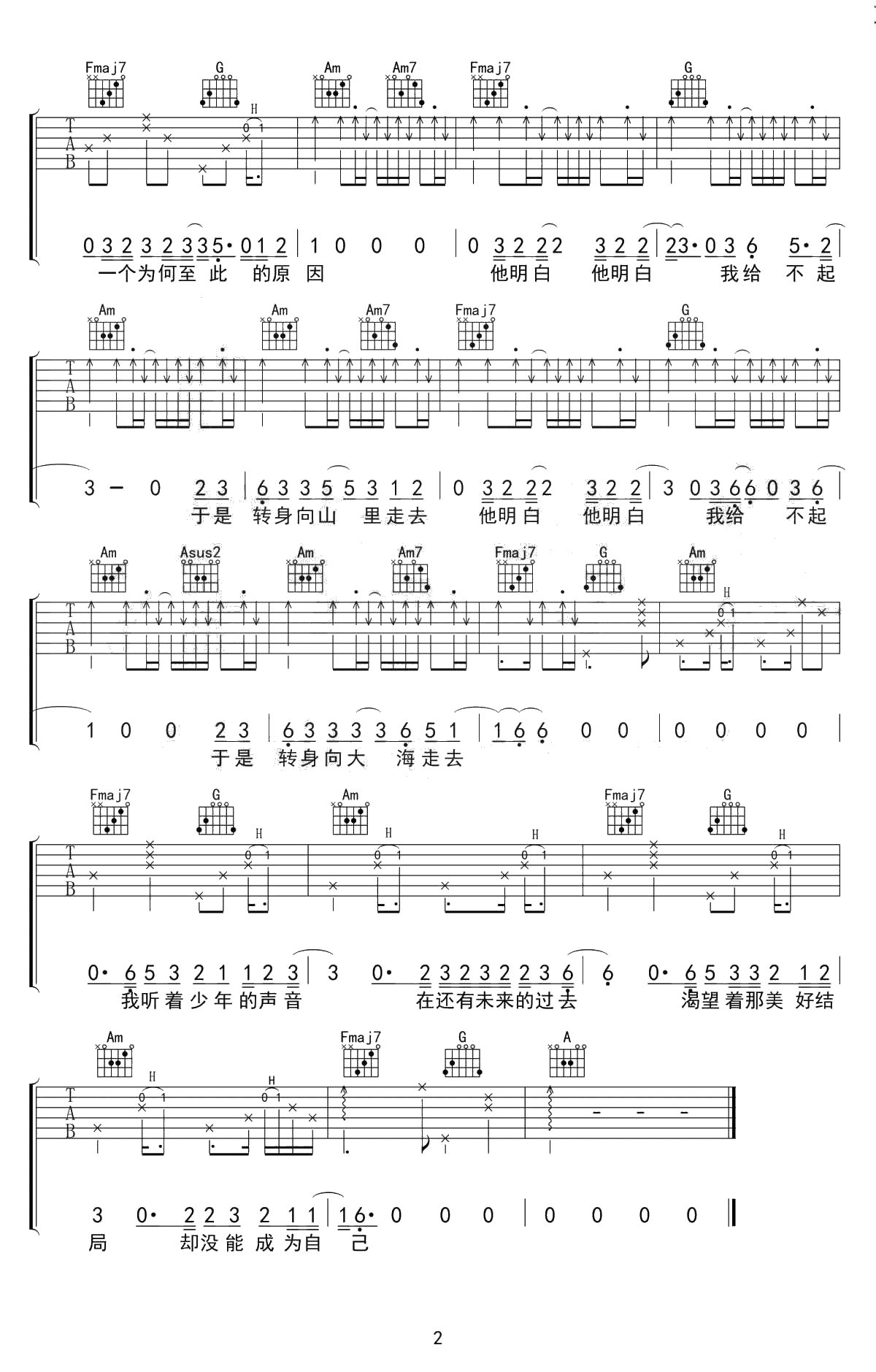 山海吉他谱 C调六线谱 草东没有派对/隔壁老樊 2