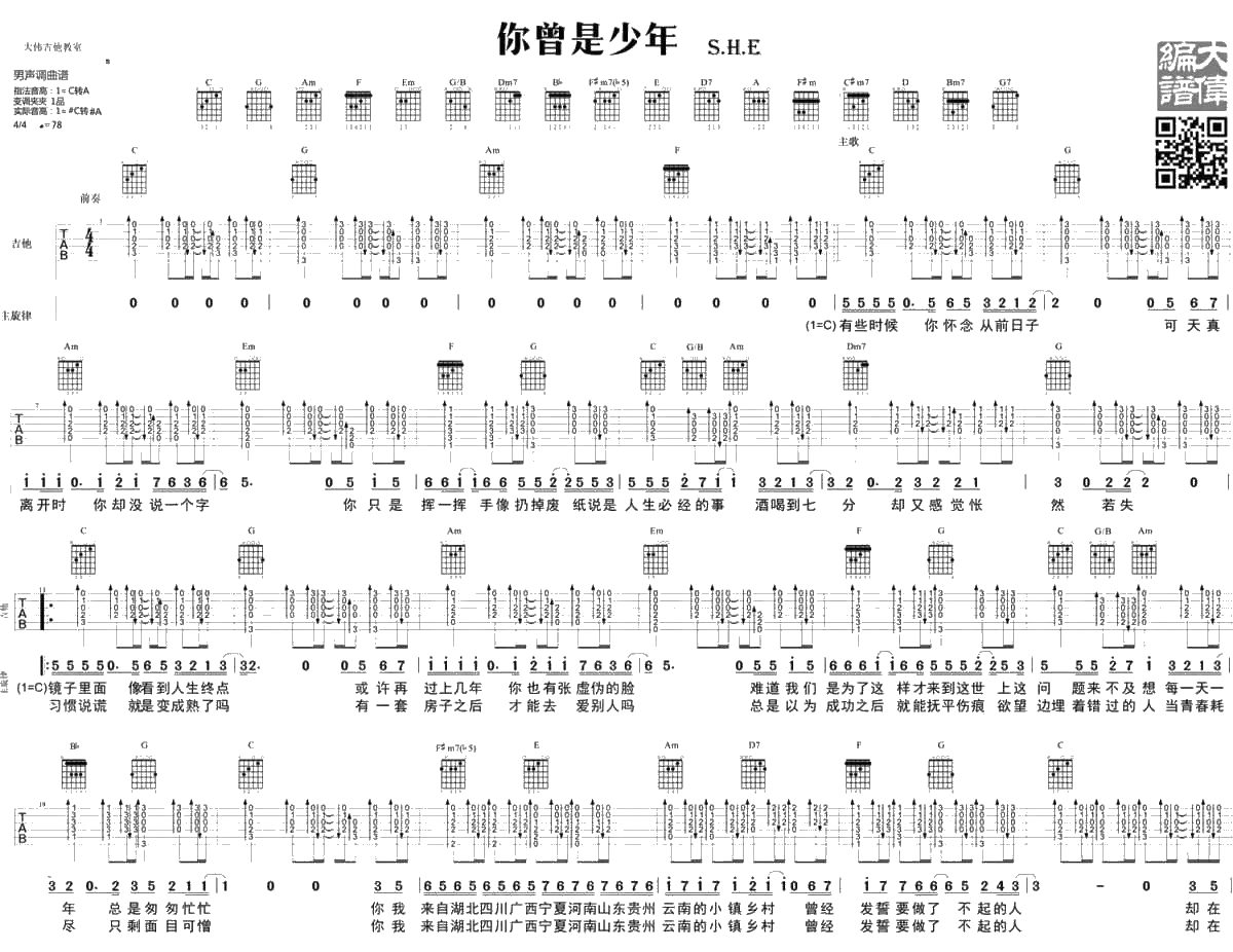 你曾是少年吉他谱 SHE 男声版六线谱1