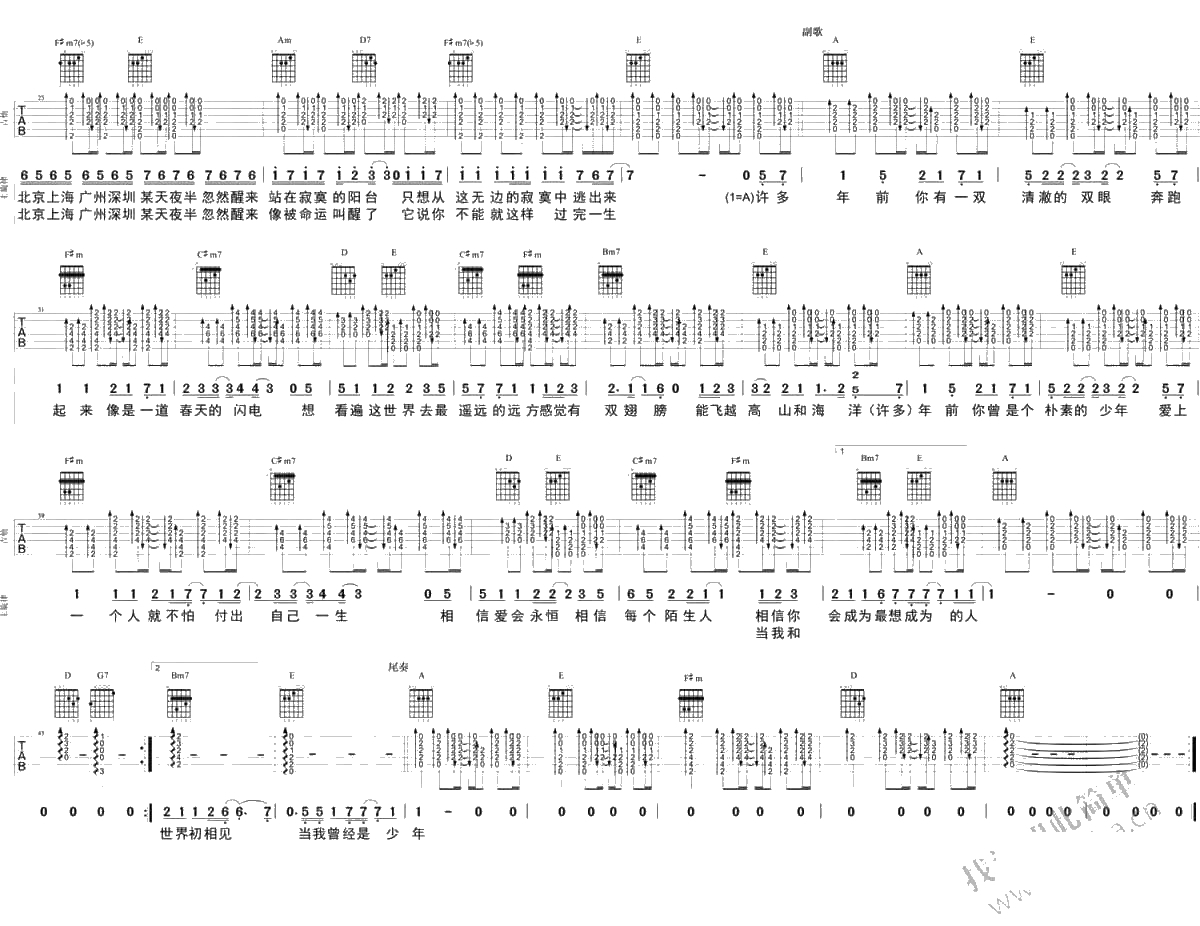 你曾是少年吉他谱 SHE 男声版六线谱2