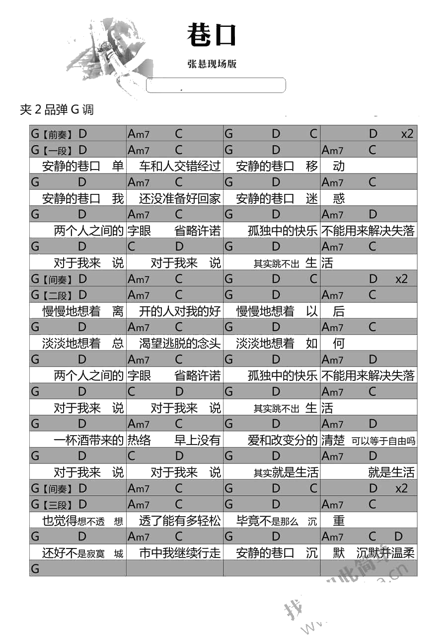 巷口吉他谱 张悬现场版 和弦谱图片1