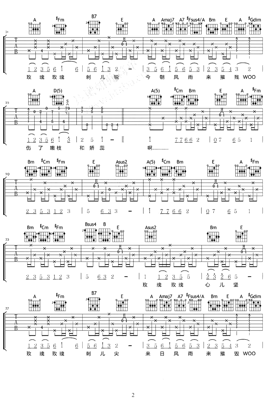 玫瑰玫瑰我爱你吉他谱 A调指法六线谱 王若琳版本 2