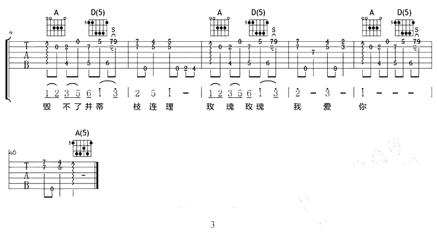 玫瑰玫瑰我爱你吉他谱 A调指法六线谱 王若琳版本 3