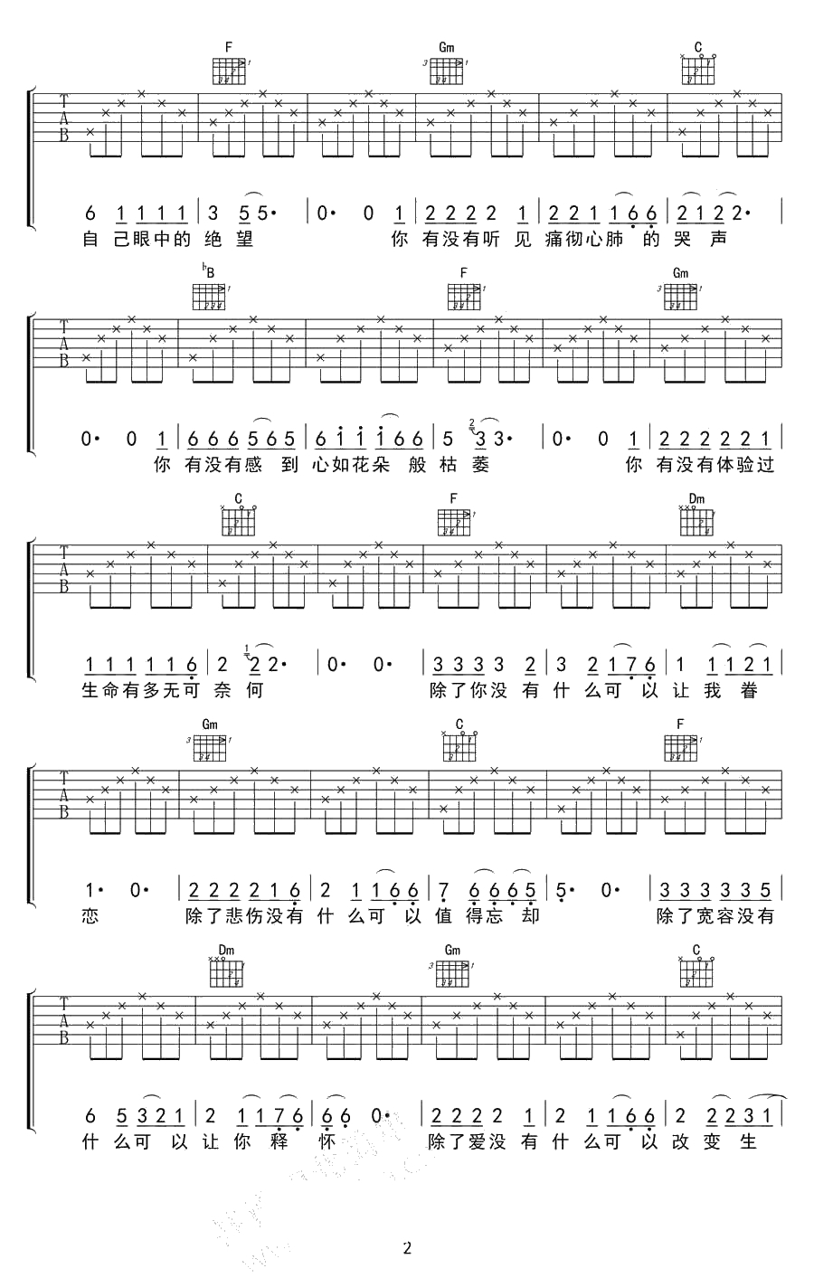 硬币吉他谱 F调指法 汪峰 高清2