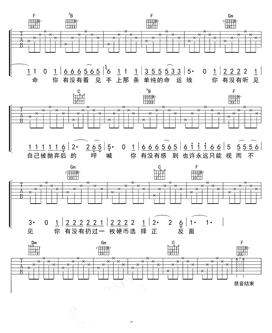 硬币吉他谱 F调指法 汪峰 高清3