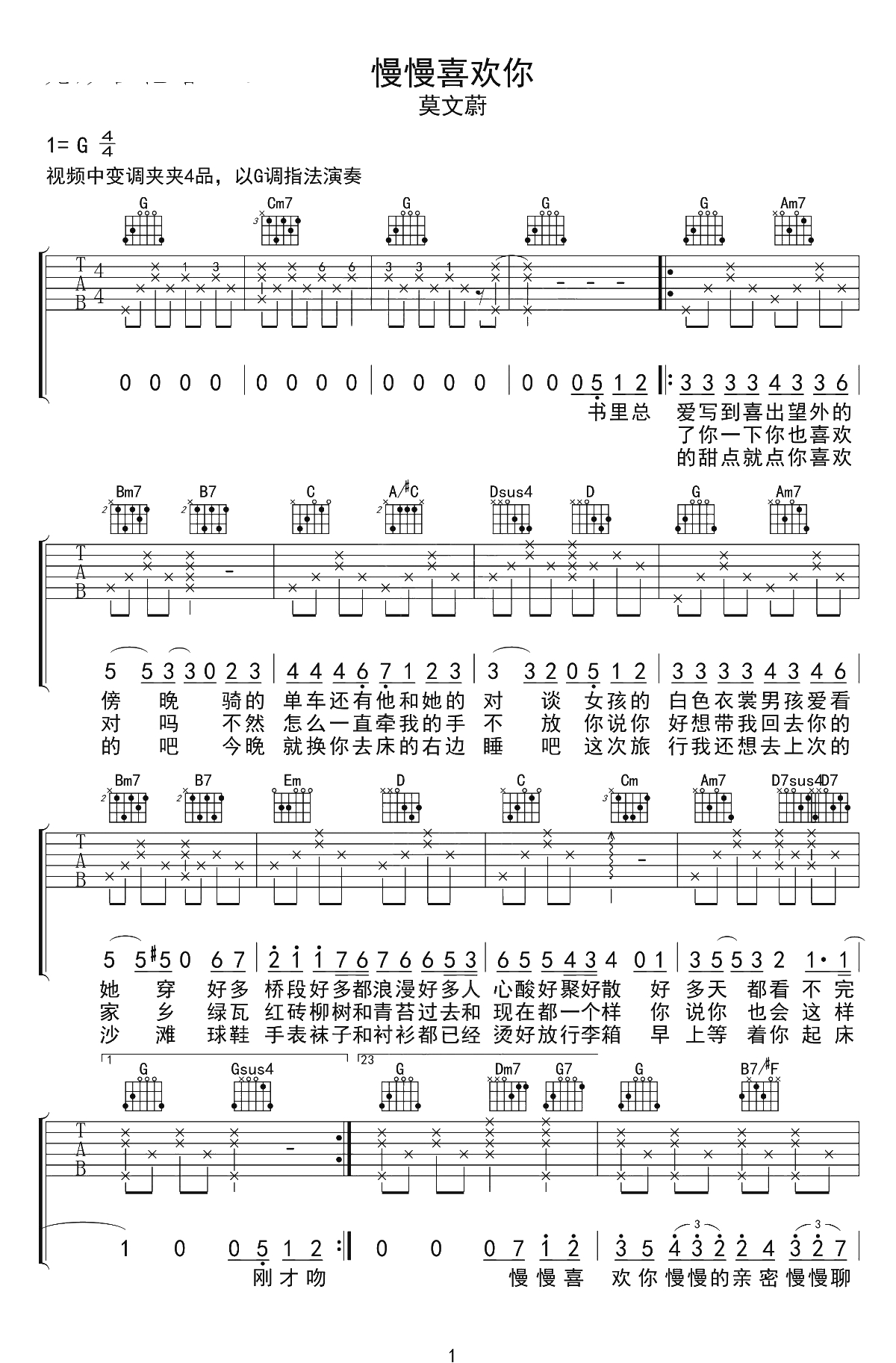 慢慢喜欢你吉他谱 G调 莫文蔚1