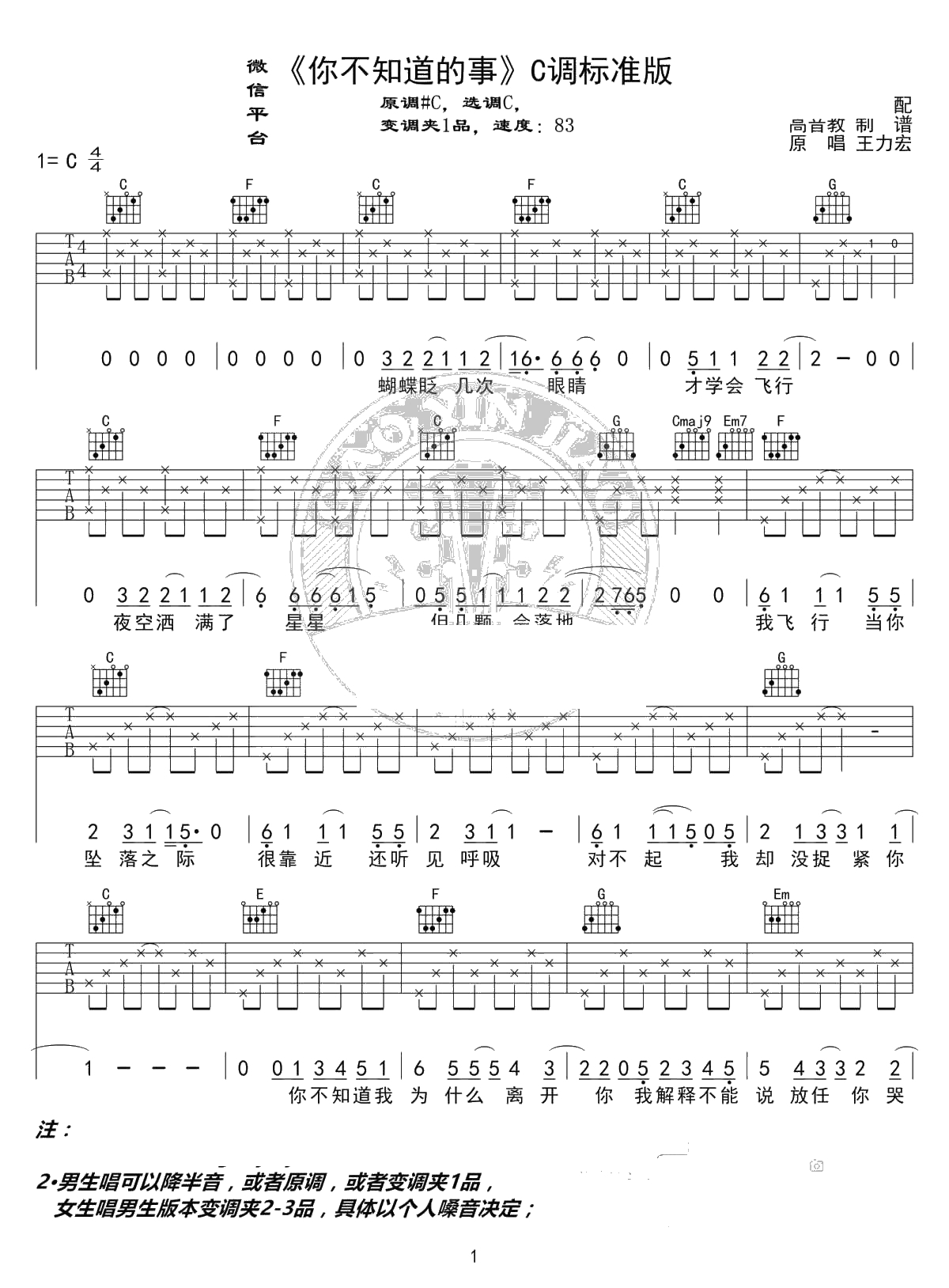 你不知道的事吉他谱 C调标准版 王力宏1