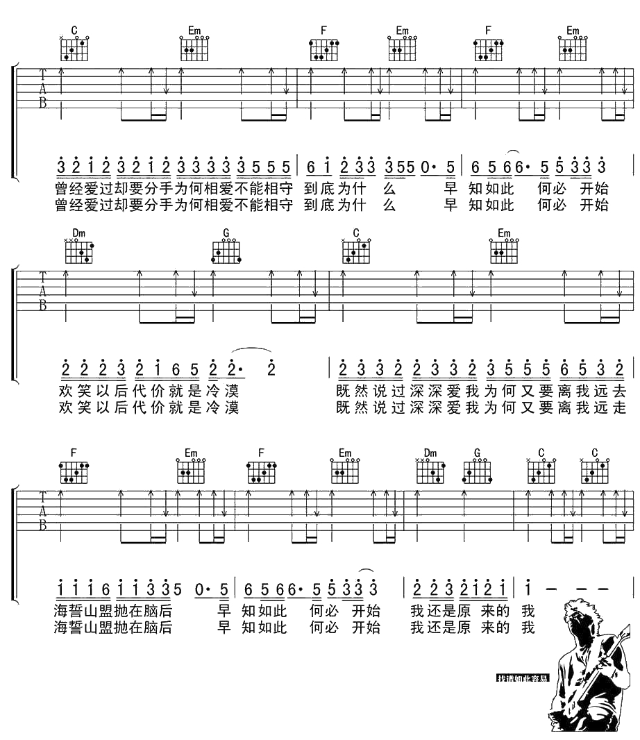 原来的我吉他谱 C调指法 齐秦 高清(六线谱)2